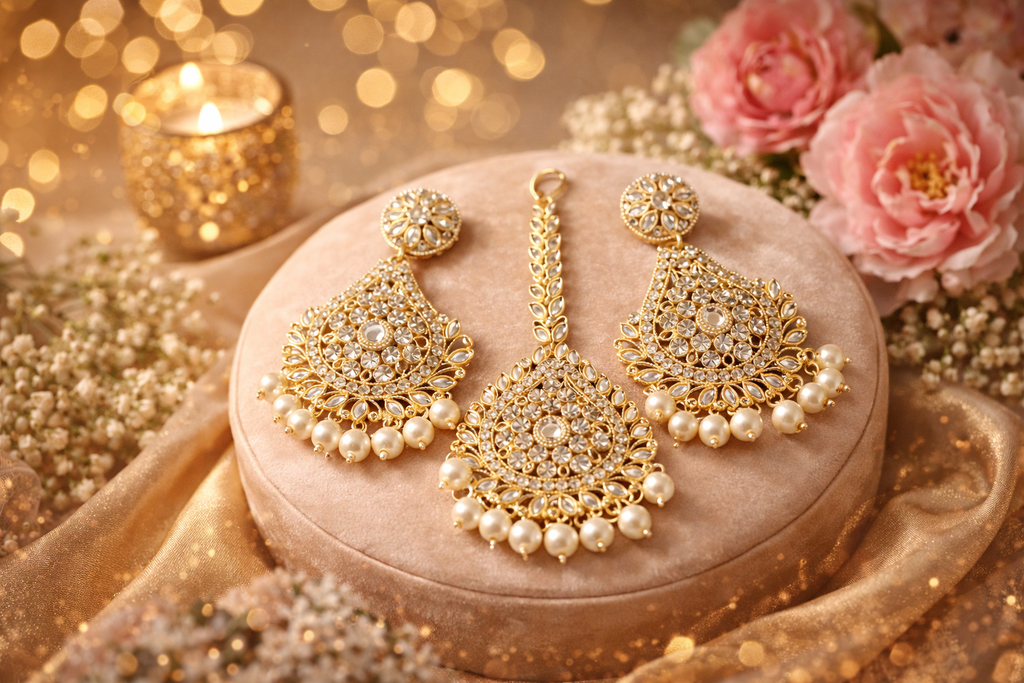 Elziva Noor Chandbali Earrings with Maang Tikka (Pearl Drop | Festive & Wedding Wear)