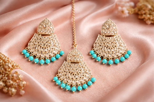 Elziva Noor Chandbali Earrings with Maang Tikka (Pearl Drop | Festive & Wedding Wear)