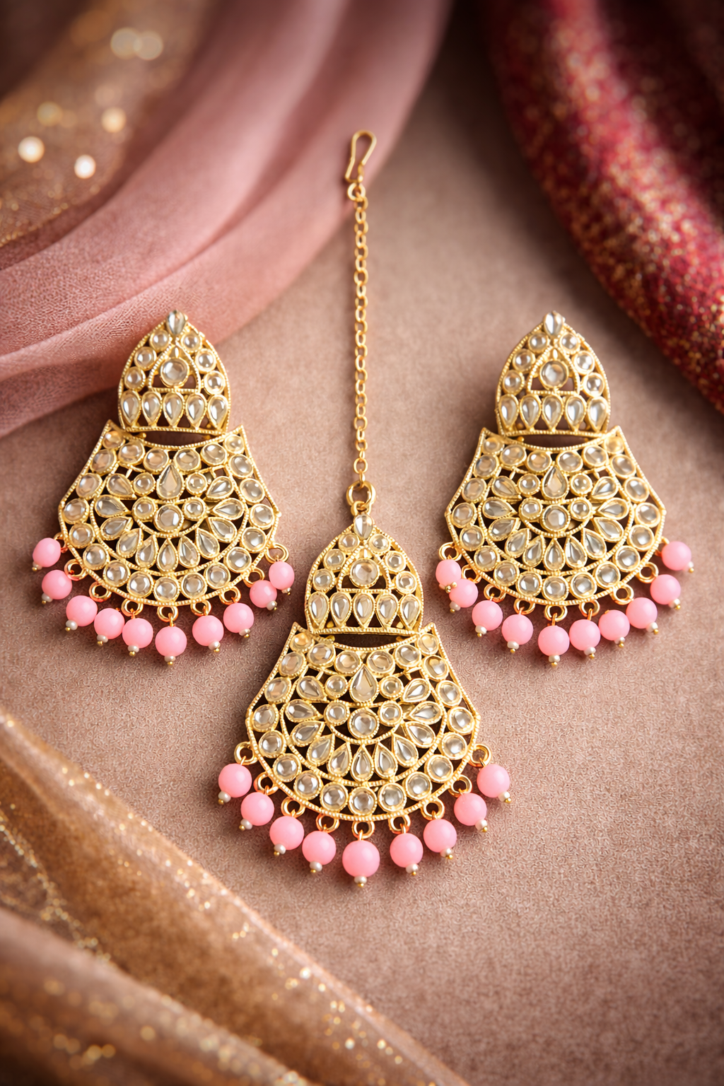 Elziva Noor Chandbali Earrings with Maang Tikka (Pearl Drop | Festive & Wedding Wear)