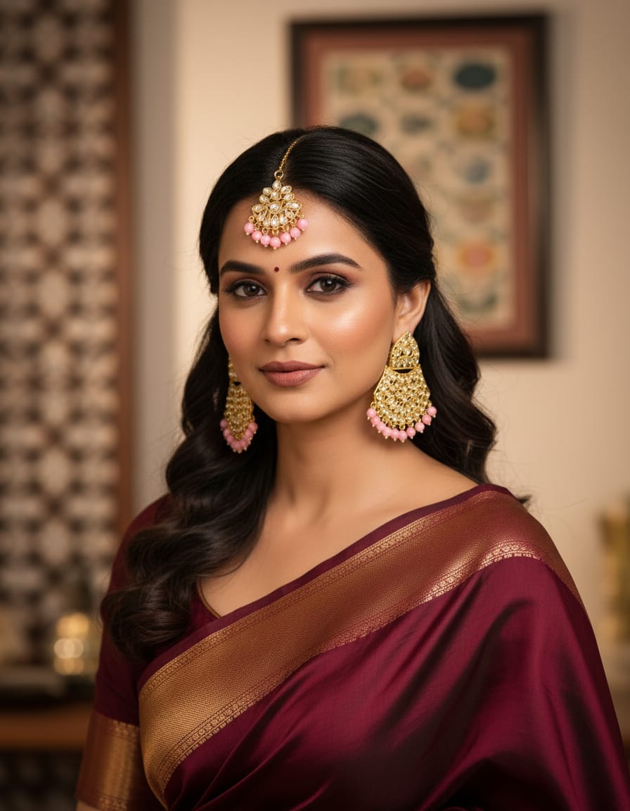 Elziva Noor Chandbali Earrings with Maang Tikka (Pearl Drop | Festive & Wedding Wear)